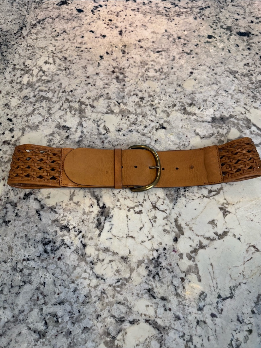 Tan Wide Woven Leather Waist Belt with Brass Buckle